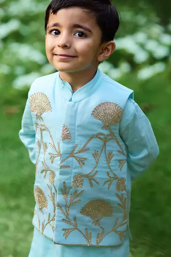 Sku blue embroidered cotton kurta jacket set