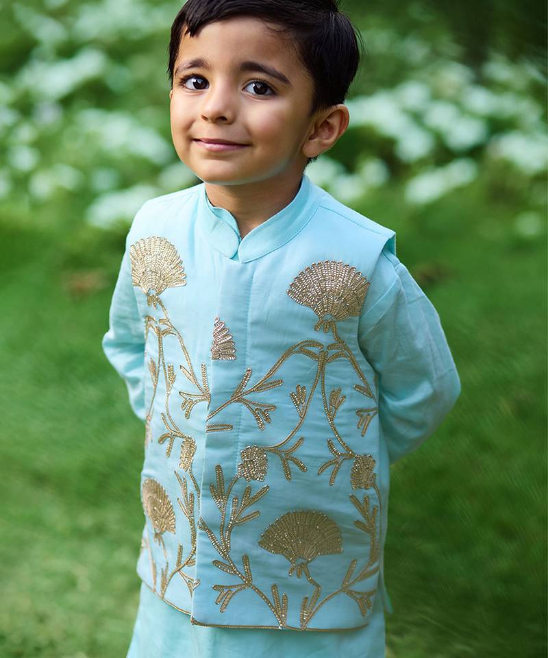 Sku blue embroidered cotton kurta jacket set