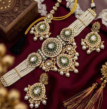 Traditional handcrafted kundan pearl bridal jewelry set - gold-plated ethnic choker necklace with earrings & maang tikka 2