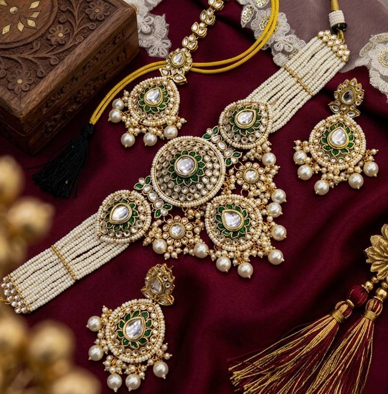 Traditional handcrafted kundan pearl bridal jewelry set - gold-plated ethnic choker necklace with earrings & maang tikka