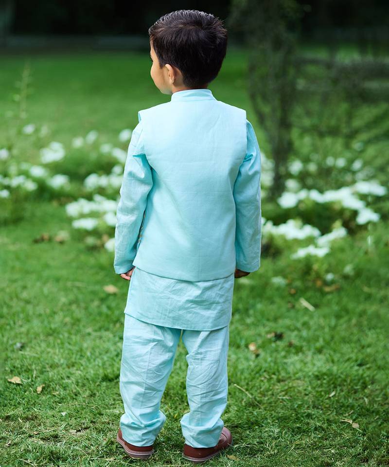 Sku blue embroidered cotton kurta jacket set