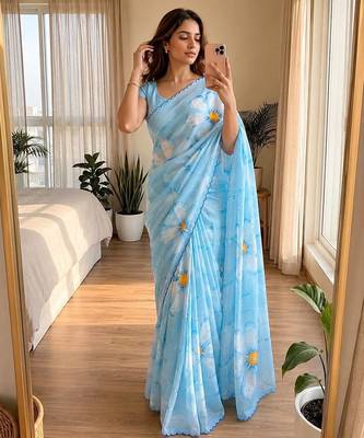 Sky blue soft chinon silk blend floral print ready to wear saree 1