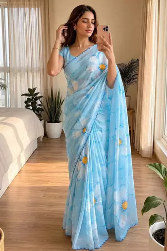 Sky blue soft chinon silk blend floral print ready to wear saree