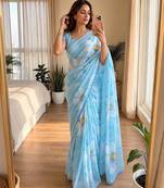 Sky blue soft chinon silk blend floral print ready to wear saree