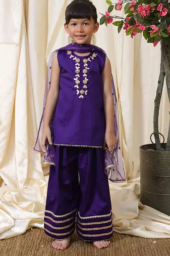 Deep purple embroidered cotton kurti set