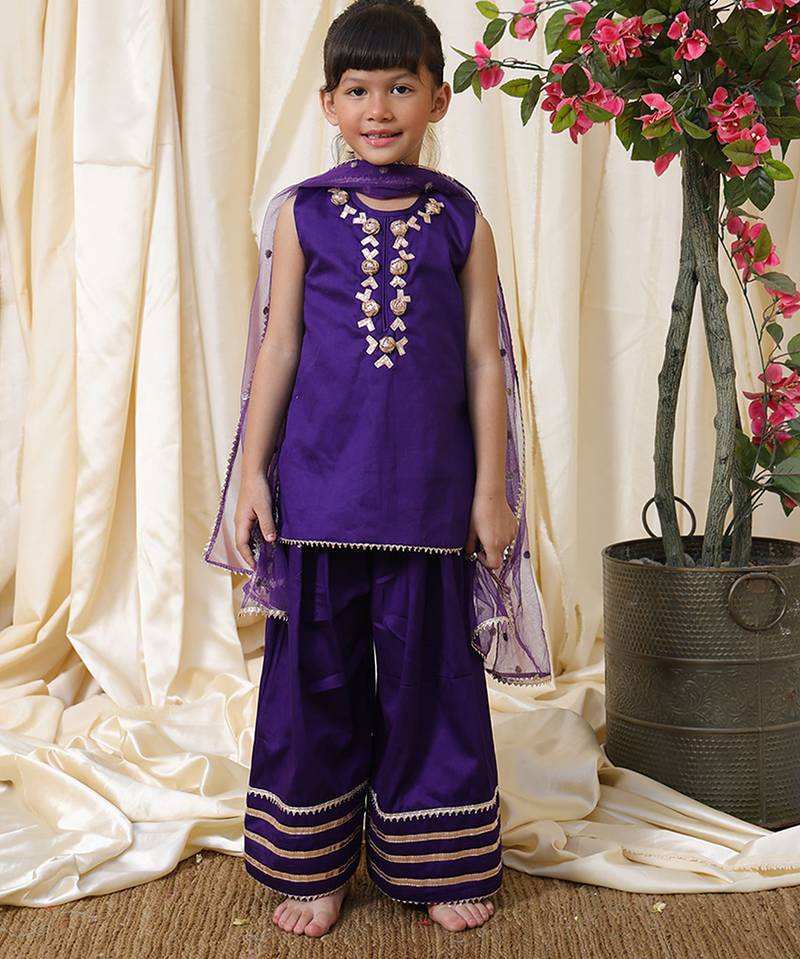 Deep purple embroidered cotton kurti set