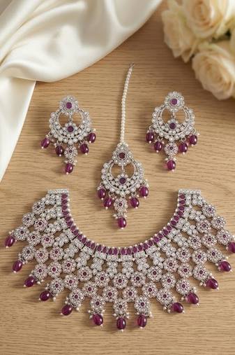 Silver plated purple beads indian bridal jewelry set choker necklace-traditional wedding wear festive ethnic jewelry set