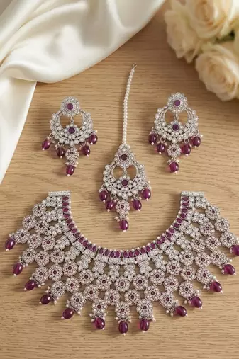 Silver plated purple beads indian bridal jewelry set choker necklace-traditional wedding wear festive ethnic jewelry set