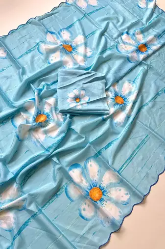 Sky blue soft chinon silk blend floral print ready to wear saree
