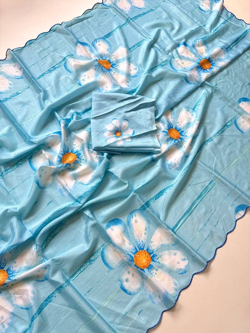 Sky blue soft chinon silk blend floral print ready to wear saree