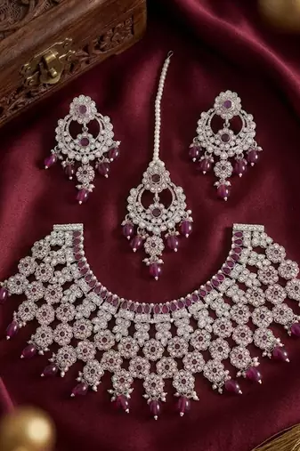 Silver plated purple beads indian bridal jewelry set choker necklace-traditional wedding wear festive ethnic jewelry set