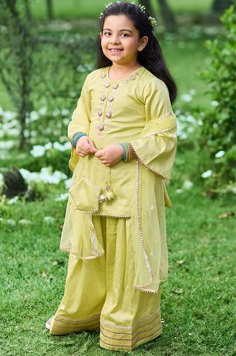 Lime green embroidered cotton kurti set