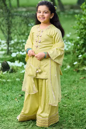 Lime green embroidered cotton kurti set
