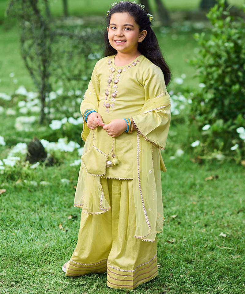 Lime green embroidered cotton kurti set