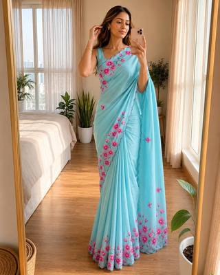 Aqua blue soft chinon silk blend floral print ready to wear saree 1