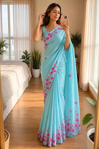 Aqua blue soft chinon silk blend floral print ready to wear saree