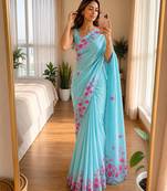 Aqua blue soft chinon silk blend floral print ready to wear saree