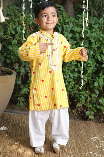 Sunshine yellow printed cotton kurta pyjama