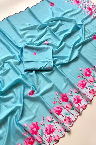 Aqua blue soft chinon silk blend floral print ready to wear saree