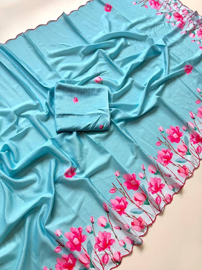 Aqua blue soft chinon silk blend floral print ready to wear saree