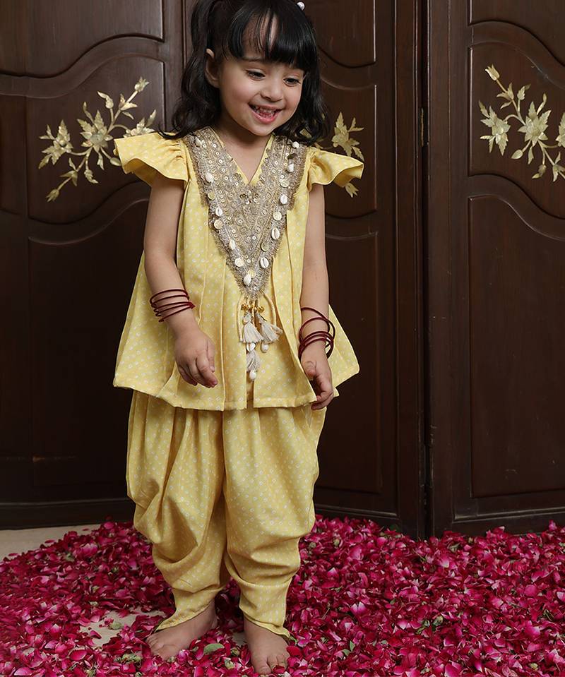 Pastel yellow embroidered crepe kurti set