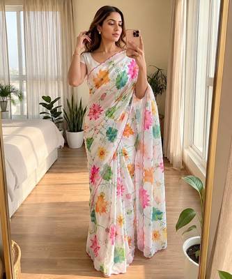 White soft chinon silk blend floral print ready to wear saree 1
