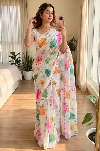 White soft chinon silk blend floral print ready to wear saree