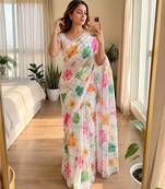 White soft chinon silk blend floral print ready to wear saree