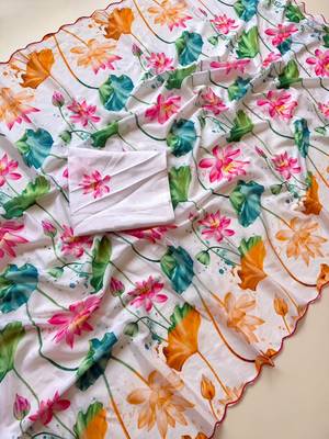 White soft chinon silk blend floral print ready to wear saree 2