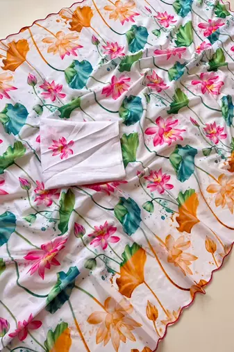 White soft chinon silk blend floral print ready to wear saree