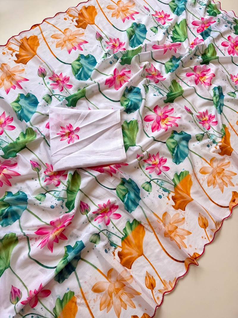 White soft chinon silk blend floral print ready to wear saree
