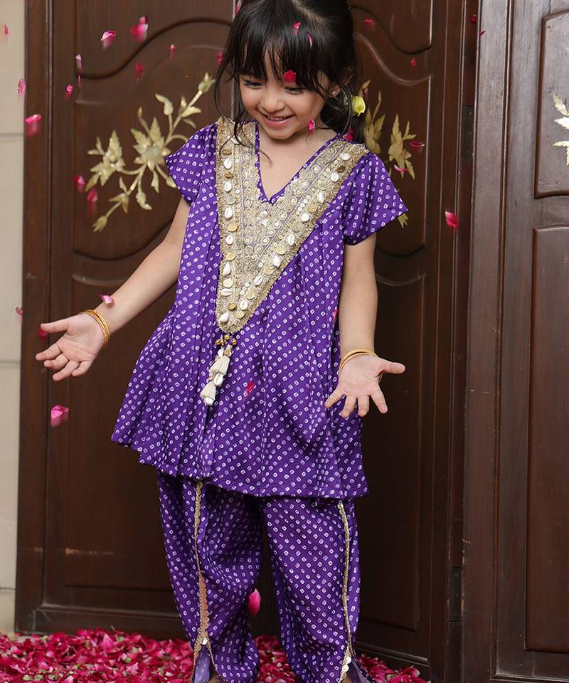 Deep purple embroidered crepe kurti set
