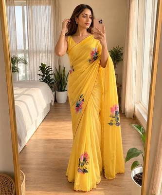 Yellow soft chinon silk blend floral print ready to wear saree 1