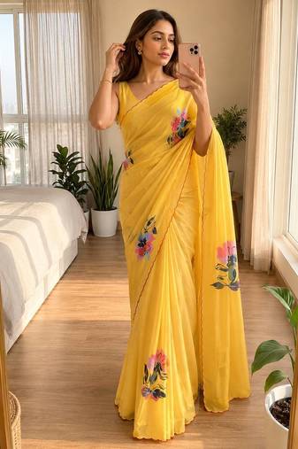 Yellow soft chinon silk blend floral print ready to wear saree