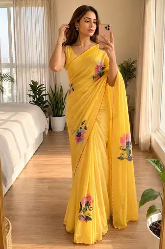 Yellow soft chinon silk blend floral print ready to wear saree