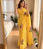 Yellow soft chinon silk blend floral print ready to wear saree