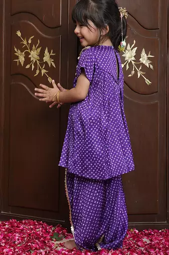 Deep purple embroidered crepe kurti set