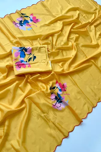 Yellow soft chinon silk blend floral print ready to wear saree