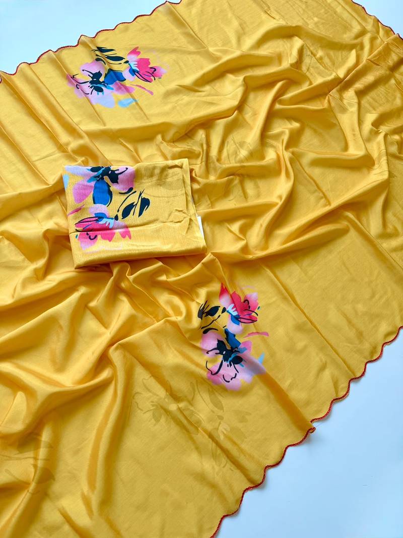 Yellow soft chinon silk blend floral print ready to wear saree