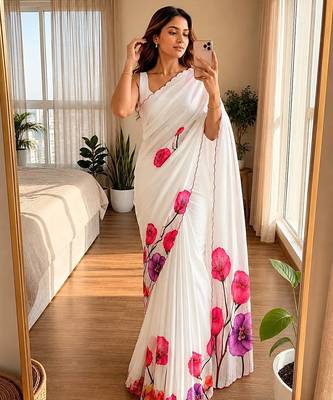 White soft chinon silk blend floral print ready to wear saree 1