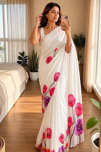 White soft chinon silk blend floral print ready to wear saree