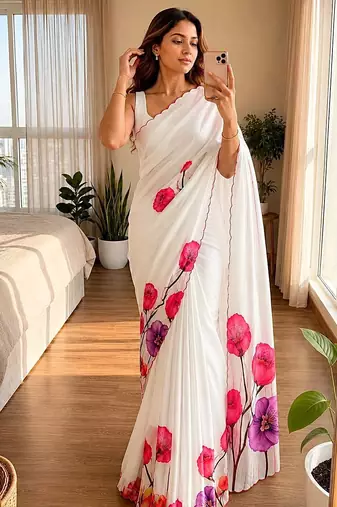 White soft chinon silk blend floral print ready to wear saree