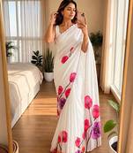 White soft chinon silk blend floral print ready to wear saree
