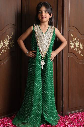 Emerald green embroidered georgette jumpsuit