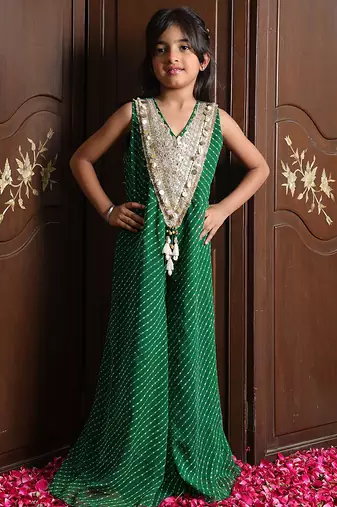 Emerald green embroidered georgette jumpsuit