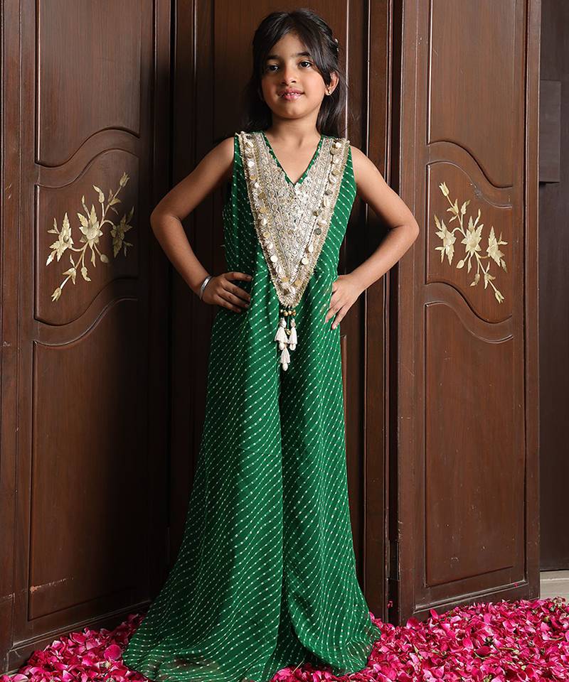 Emerald green embroidered georgette jumpsuit