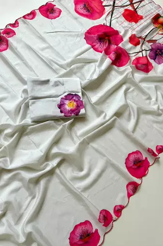 White soft chinon silk blend floral print ready to wear saree