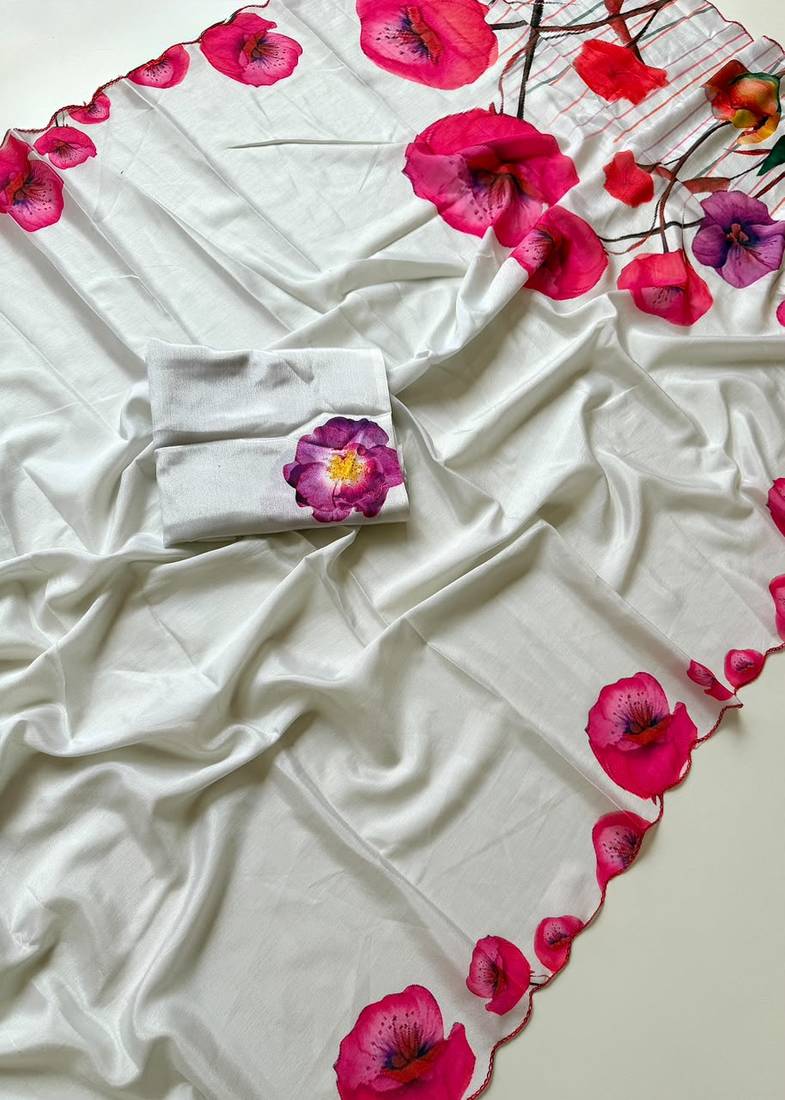 White soft chinon silk blend floral print ready to wear saree