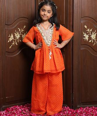 Vibrant orange embroidered georgette kurti set 1