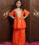 Vibrant orange embroidered georgette kurti set
